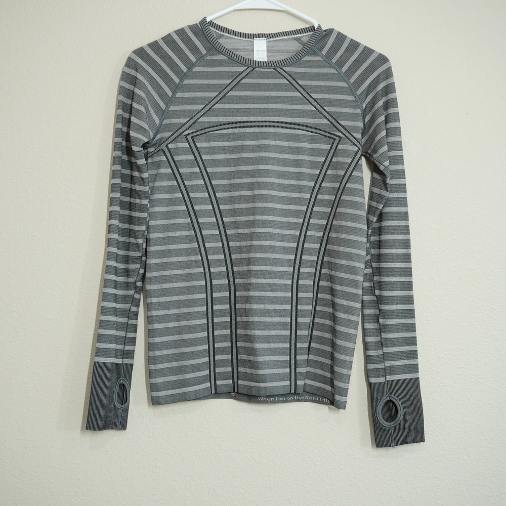 Ivivva Lululemon Girl Size 14 Gray Striped Fly Tech Long Sleeve Shirt Thumbholes